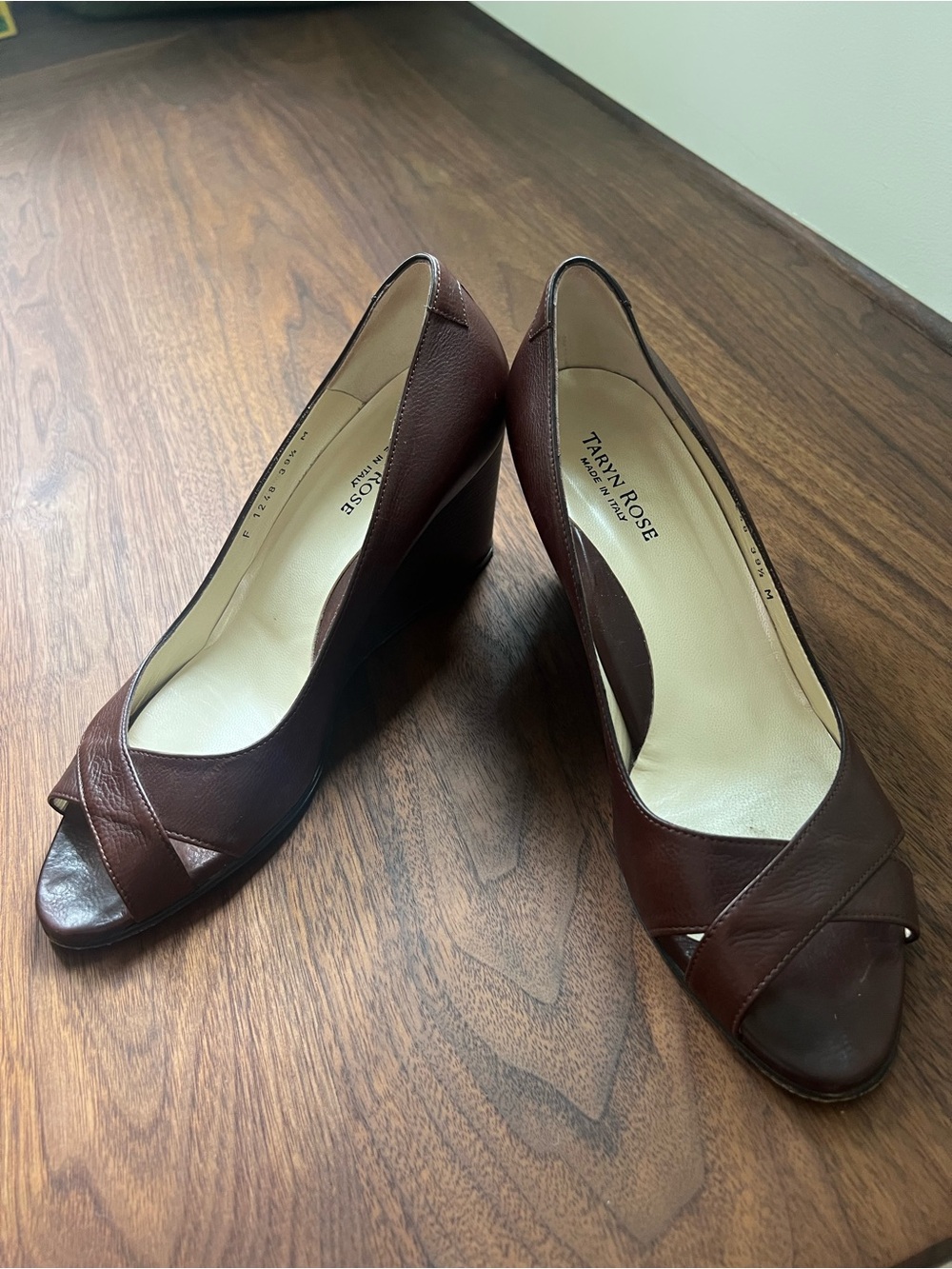 Taryn Rose Brown Leather Peep-Toe Wedge Heels